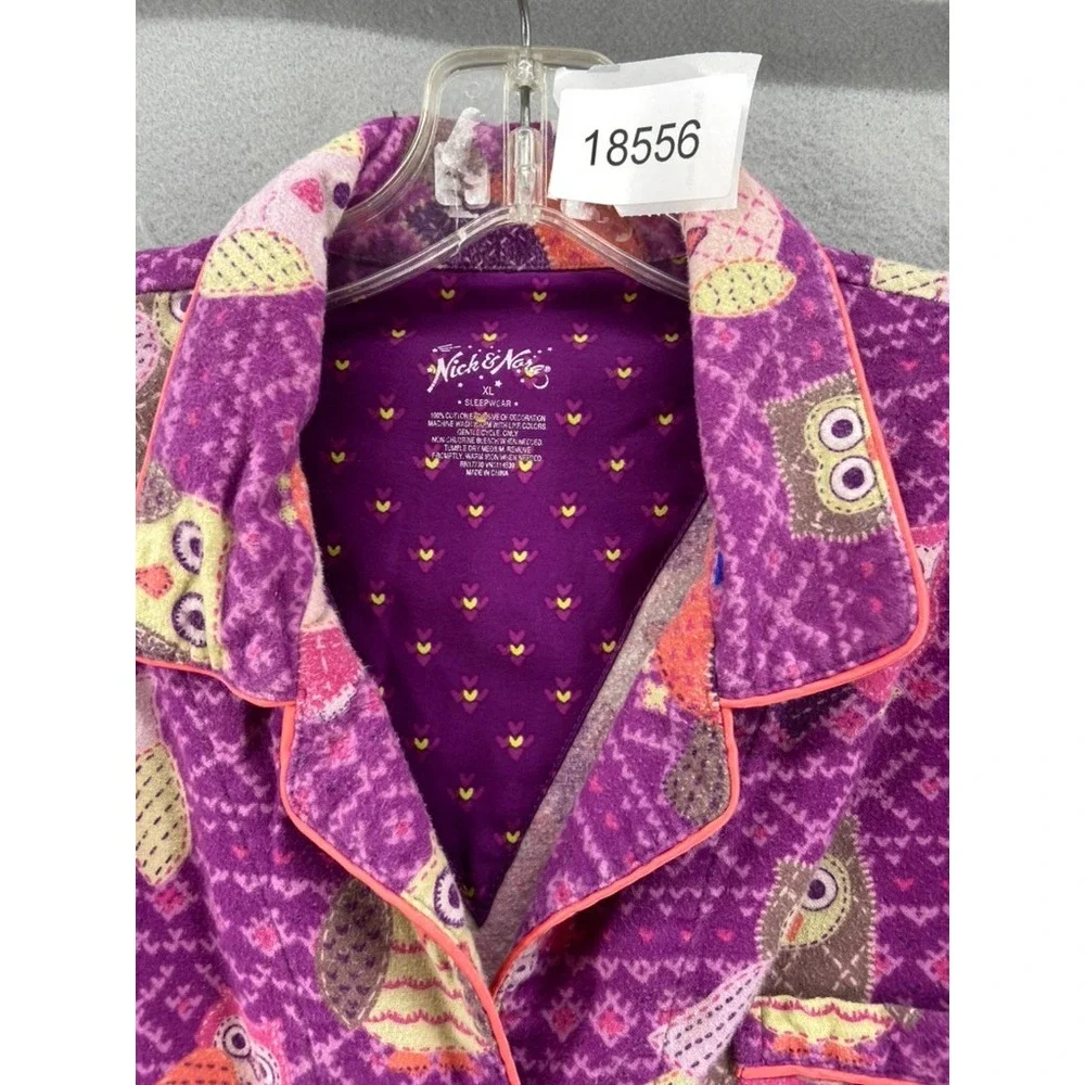Nick &‎ Nora Pajama Top Womens Sz XL Sleepwear Purple Owl Flannel Button Up